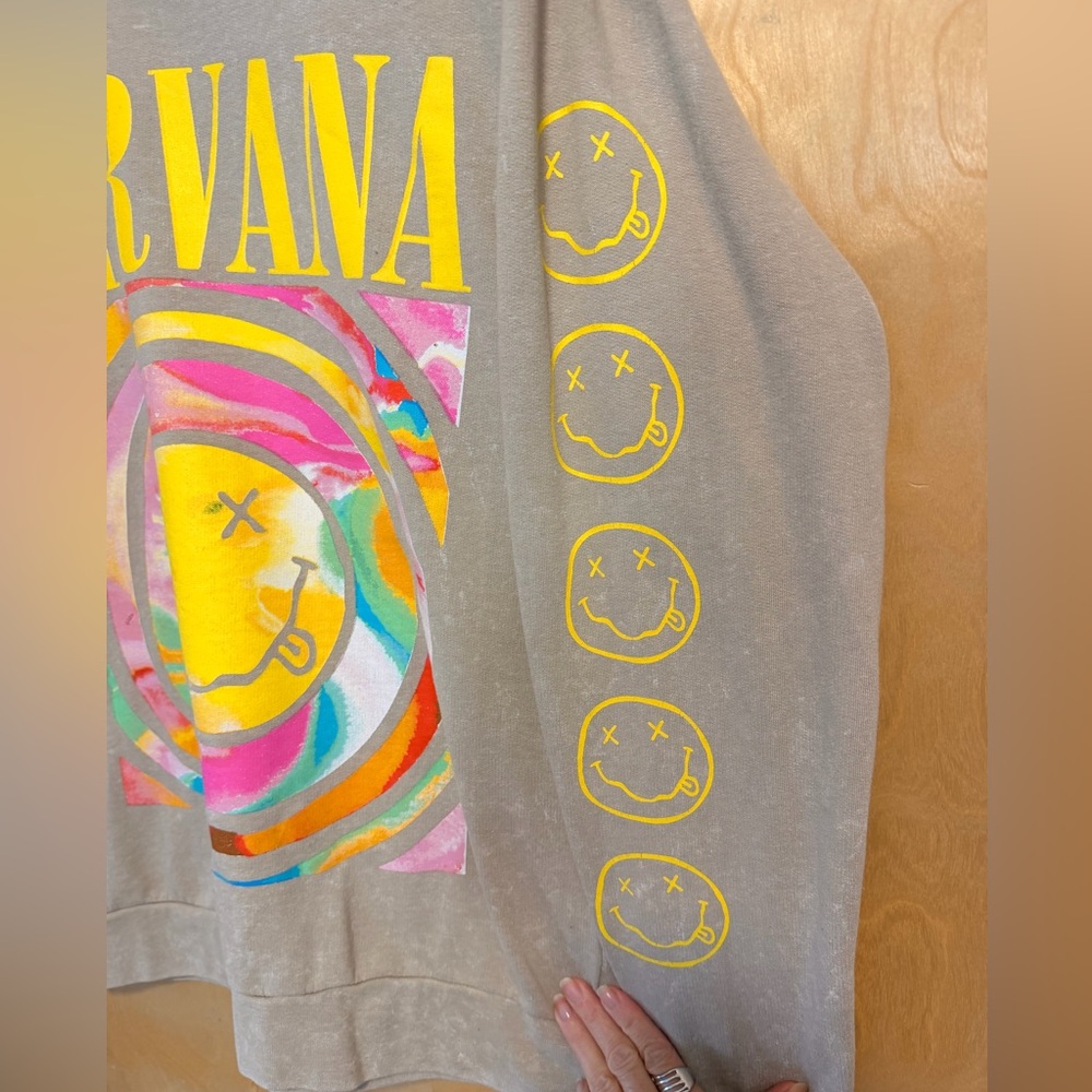 NIRVANA urban outfitters Tan Crewneck with Yellow Logo and Multicolor Smiley - Picture 2 of 6